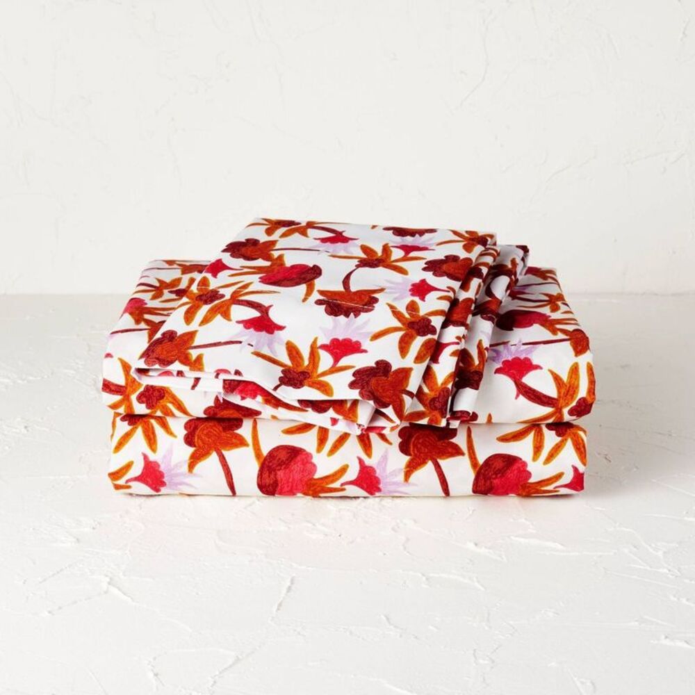 Full Printed Cotton Percale Sheet Set Natalia Flor Red, White, Yellow
